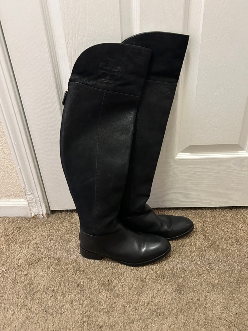 Tory Burch Black Leather Tall Riding Boots with Embossed Logo